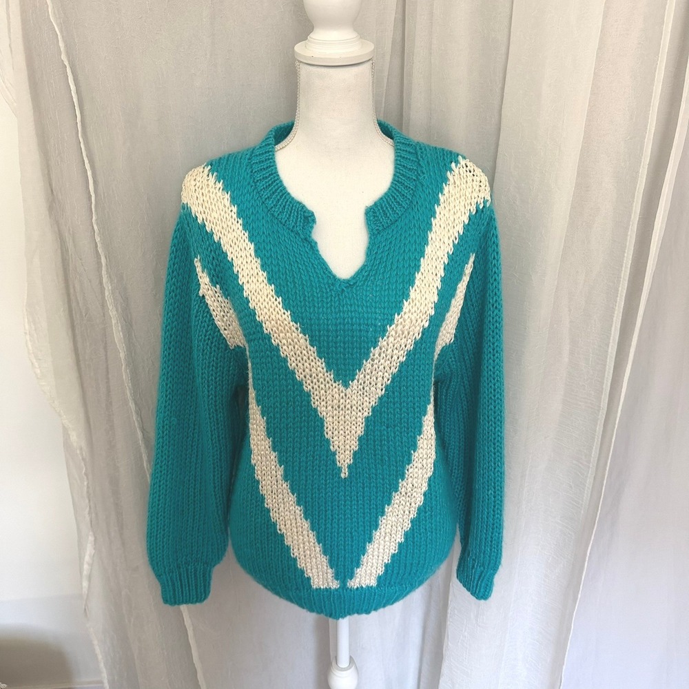 Danielle of California Knit Sweater Women L Teal Vintage Retro Ski Apres Chevron